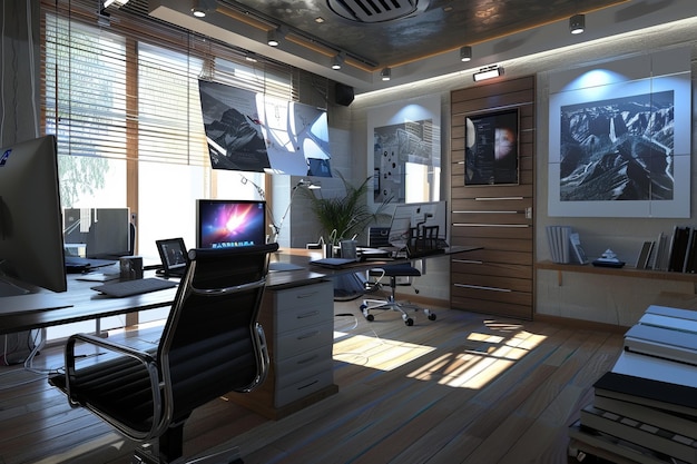 Foto renderização 3d de escritório moderno com computadores e sala de reuniões