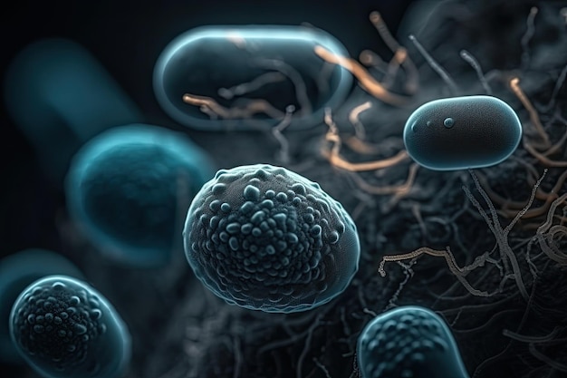 renderização 3D de esperma e óvulo no corpo humano Espermatozóides Células de microorganismos fecham a vista em um fundo escuro AI gerado