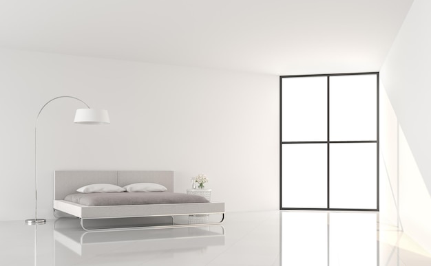 Foto renderização 3d de estilo mínimo de quarto branco moderno mobilado com conjunto de cama de tecido cinza claro