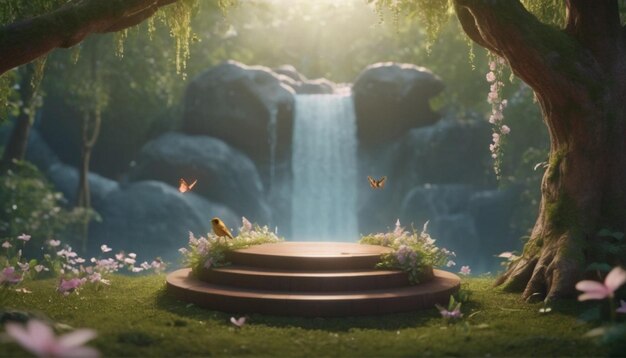 Foto renderização 3d de exibição de pódio com fundo de natureza de conto de fadas e flores bonitas