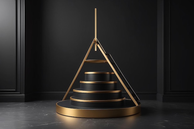 Renderização 3D de figuras geométricas pretas e douradas e escada dourada em interior escuro