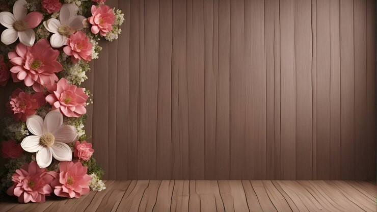 Foto renderização 3d de flores de fundo com parede de madeira e espaço de cópia