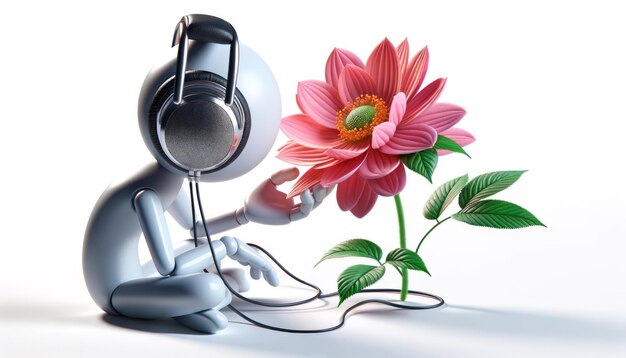 Renderização 3D de fones de ouvido antropomórficos ouvindo uma flor em flor