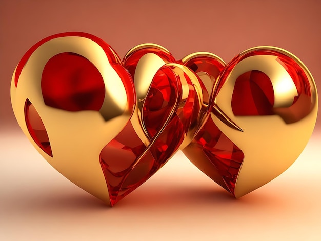 Renderização 3D de formas de coração em vermelho romântico e cor douradaPar vermelho de corações Design 3d realista