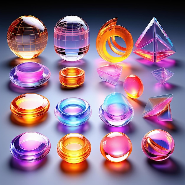 Renderização 3D de formas de vidro brilhantes de néon em um fundo virtual escuro Futurista