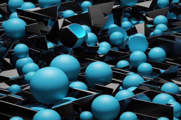 Foto renderização 3d de formas geométricas abstratas em cores pretas e azuis