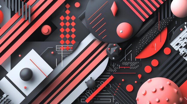 Foto renderização 3d de formas geométricas, bolas pretas, brancas e vermelhas, cubos e outros elementos abstratos, fundo moderno para impressão web e apresentações