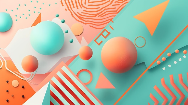 Renderização 3D de formas geométricas Esferas azuis e laranjas rosas flutuam contra um fundo de pêssego verde menta e planos brancos
