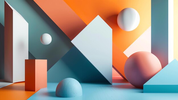 Renderização 3D de formas geométricas Há bolas e blocos de diferentes cores e tamanhos