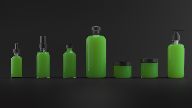 Renderização 3D de frascos de beleza. Fundo 3d do frasco cosmético. Conjunto de frascos de cuidados corporais com líquido abstrato em fundo escuro.