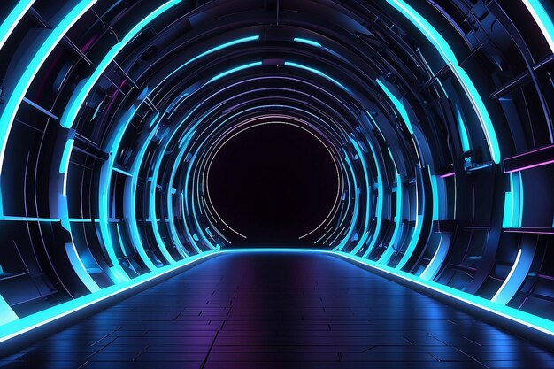 Renderização 3D de fundo abstrato de um túnel circular futurista com luzes azuis de néon brilhantes