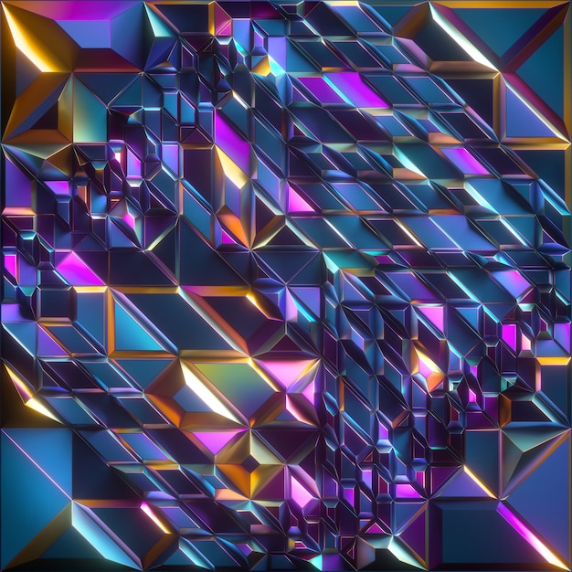 Renderização 3d de fundo abstrato facetado com textura metálica iridescente azul amarelo rosa