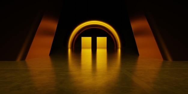 renderização 3D de fundo de corredor de nave espacial de ouro laranja neon brilhante ilustração futurista de ficção científica