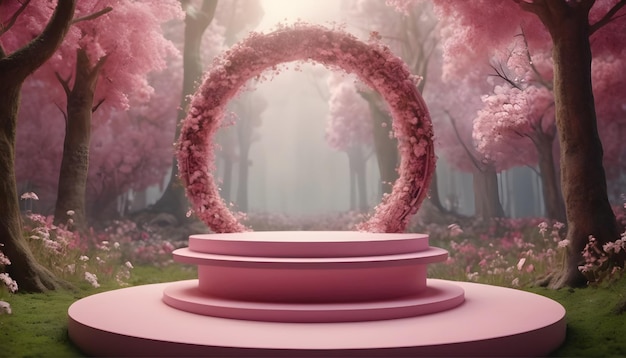 Foto renderização 3d de fundo de fantasia com pódio redondo e arco de flores rosa na floresta de fadas