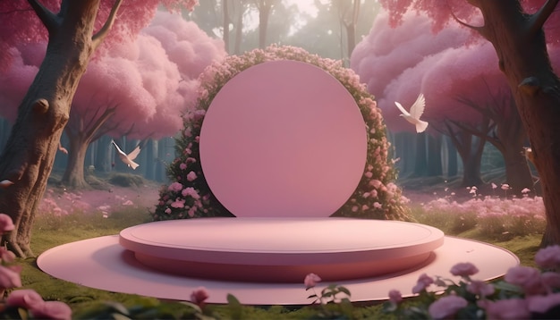 Foto renderização 3d de fundo de fantasia com pódio redondo e arco de flores rosa na floresta de fadas