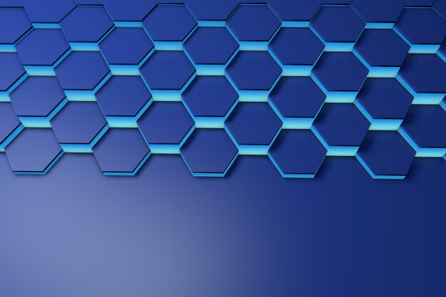 Renderização 3D de fundo de padrão hexagonal azul brilhante