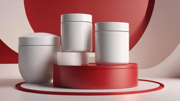 Renderização 3D de fundo de produto em branco para cosméticos de creme fundo de pódio vermelho moderno