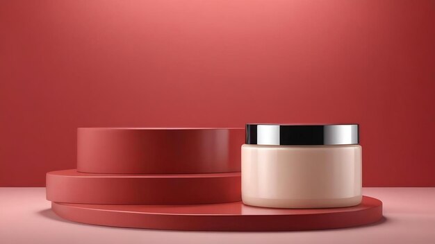 Renderização 3D de fundo de produto em branco para cosméticos de creme fundo de pódio vermelho moderno