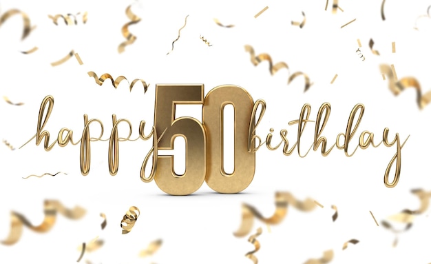 Renderização 3D de fundo de saudação de ouro feliz 50º aniversário