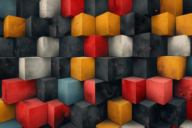 Renderização 3D de fundo geométrico abstrato com cubos em padrão de cubo preto e vermelho