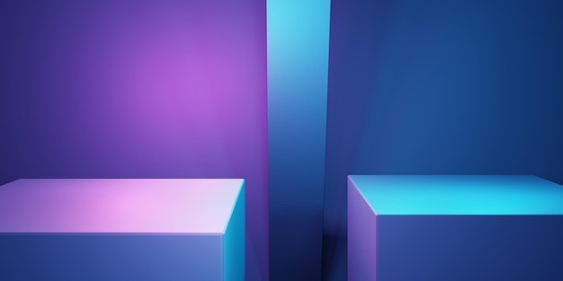 renderização 3D de fundo geométrico abstrato de luz de néon roxo e azul. Ilustração de ficção científica