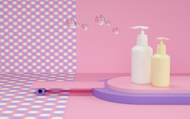 Renderização 3d de fundo geométrico com frasco de shampoo para simulação de exibição