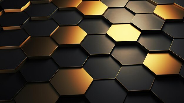 Foto renderização 3d de fundo hexagonal abstrato com elementos dourados e pretos