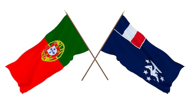 Renderização 3D de fundo para designers ilustradores Bandeiras do Dia da Independência Nacional Portugal e terras antárticas do sul da França
