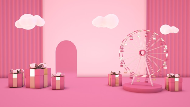 Renderização 3d de fundo rosa abstrato com caixa de presente