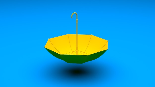 Renderização 3D de guarda-chuva amarelo sobre fundo azul