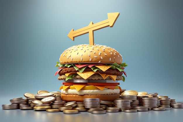 Renderização 3D de hambúrguer em moedas e flecha apontando para cima conceito de inflação alimentar Ilustração de renderização 3D estilo de desenho animado