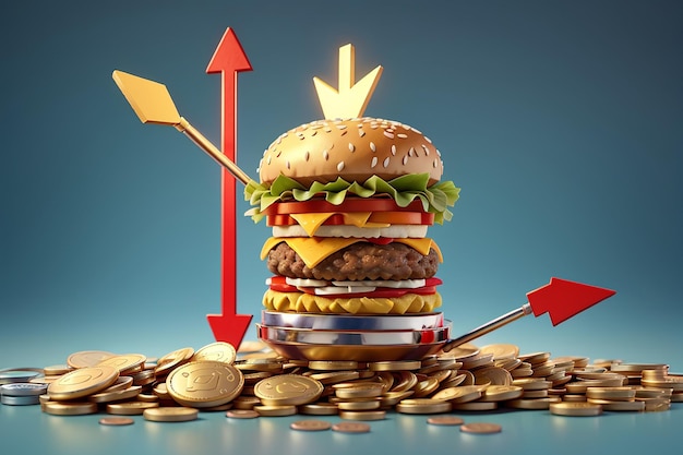 Renderização 3D de hambúrguer em moedas e flecha apontando para cima conceito de inflação alimentar Ilustração de renderização 3D estilo de desenho animado