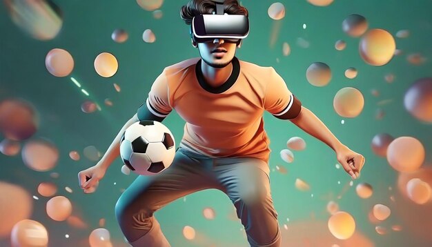 Renderização 3D de homem com óculos VR jogando futebol