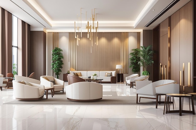 Renderização 3d de hotel de luxo moderno e recepção de escritório e sala de reuniões