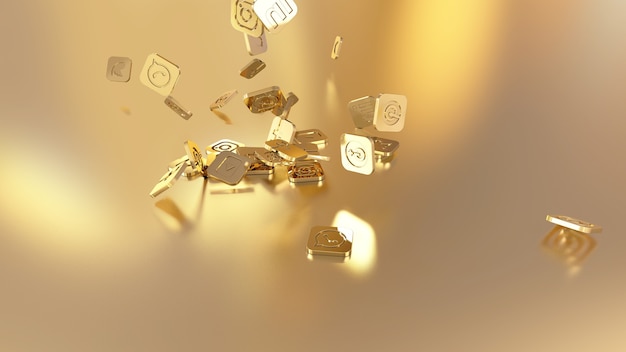 Foto renderização 3d de ícones de redes sociais caindo sobre fundo dourado