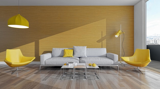 Renderização 3D de ilustração de quarto de interiores brilhantes modernos de luxo grande