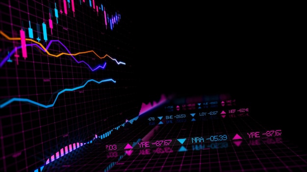 Renderização 3D de índices de ações no espaço virtual Recessão do crescimento econômico