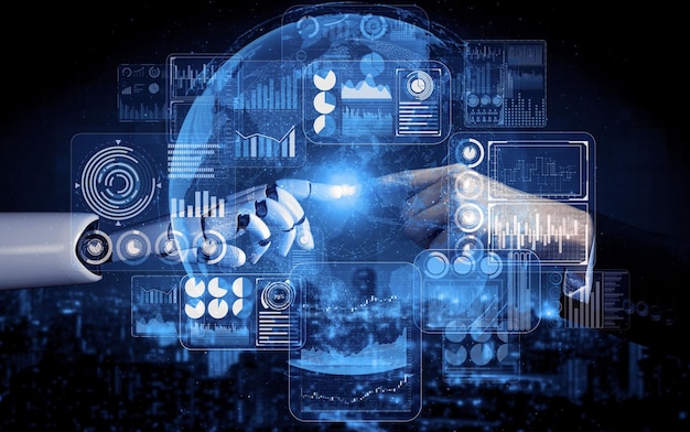 Renderização 3D de inteligência artificial (AI) pesquisa de robôs e ciborgues desenvolvimento para o futuro das pessoas que vivem Mineração de dados digitais e tecnologia de aprendizagem de máquina projeto para cérebro de computador