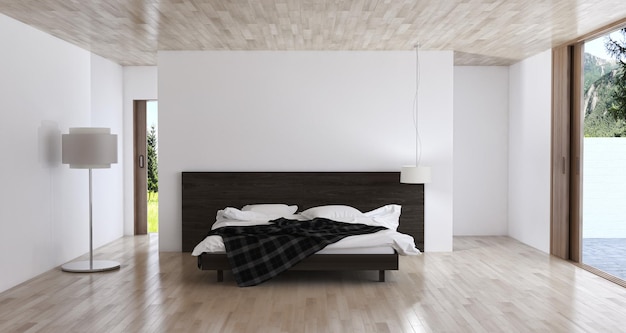 Renderização 3d de interiores de quarto de cama brilhante moderno