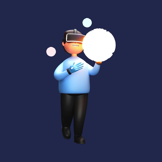 Renderização 3D de jovem assistindo a galáxia imaginária através de óculos VR em fundo azul