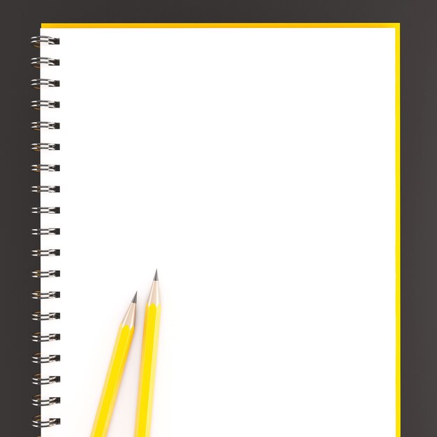 Renderização 3D de lápis amarelos no caderno