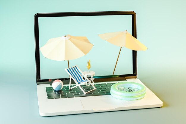 Renderização 3D de laptop aberto com decorações de praia