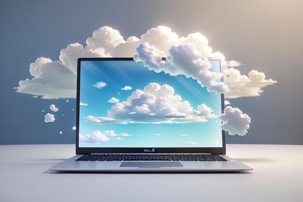 Renderização 3D de laptop com conceito de computação em nuvem branca