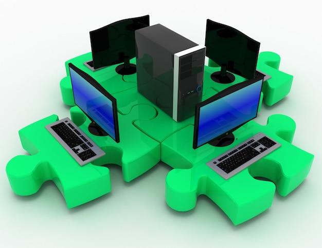 Renderização 3D de laptop e servidor se conectam em quebra-cabeças