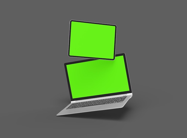 Renderização 3D de laptop e tablet com tela verde em fundo escuro