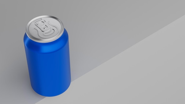 Renderização 3D de lata de refrigerante azul em fundo cinza básico, vista superior lateral, para usar como recurso gráfico
