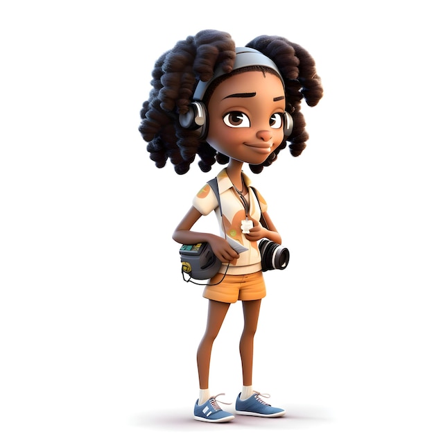 Renderização 3D de Little African American Girl com fone de ouvido e câmera de ação
