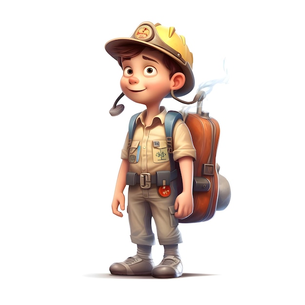 Foto renderização 3d de little boy com chapéu de mochileiro em fundo branco