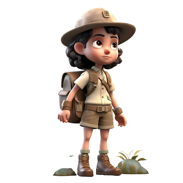 Renderização 3D de Little Boy com chapéu de safári e mochila em pé