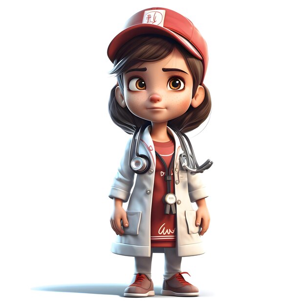 Foto renderização 3d de little doctor com boné e estetoscópio em fundo branco